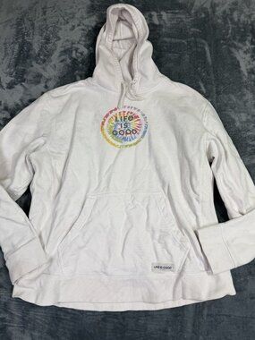 Life Is Good Mens White Hoodie XXL Tie-Dye Logo Pullover With Kangaroo Pocket